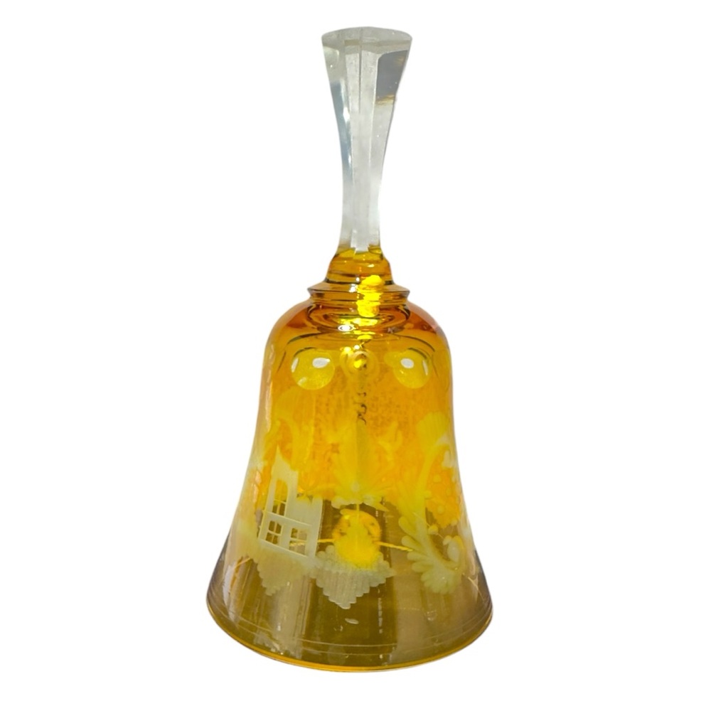 Vintage Bohemia Crystal Glass Bell Amber Czechoslovakia 1960 1970Art Glass  5.5